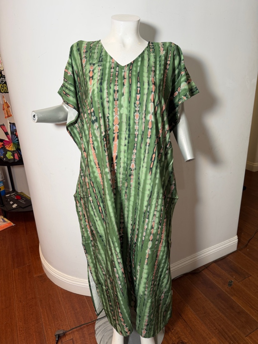 Bohemian Dark Green Tie-Dye Maxi Caftan Dress Muumuu Beach Wear Summer